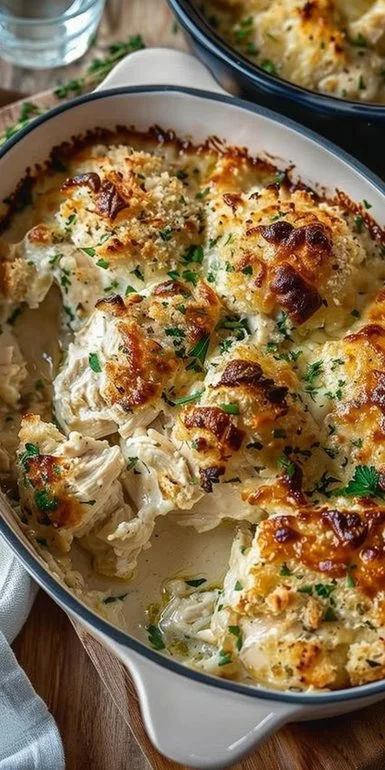 Delicious Cottage Cheese Chicken Bake baked in a dish, ready to serve.