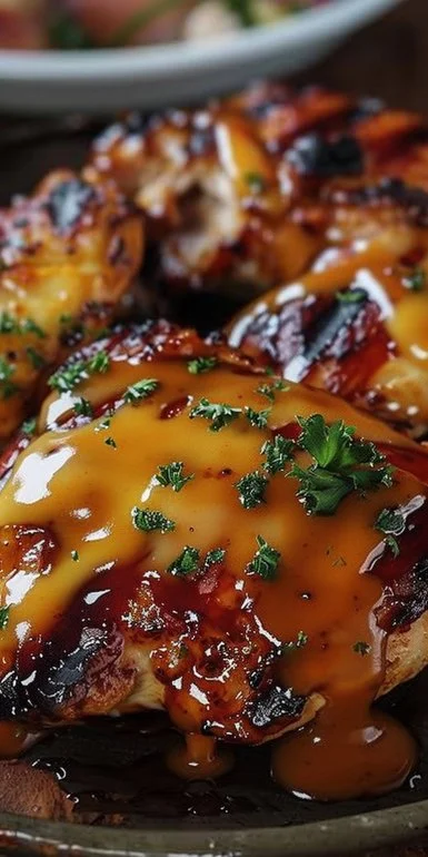 Cowboy BBQ Bacon Cheddar Chicken topped with cheese and bacon, ideal BBQ chicken recipe.