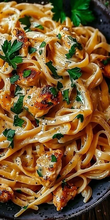 Plate of Cowboy Butter Chicken Linguine garnished with herbs