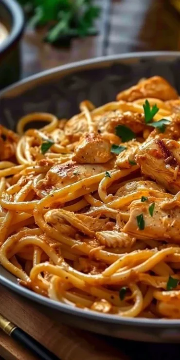 Creamy Cowboy Butter Chicken Linguine topped with fresh herbs.