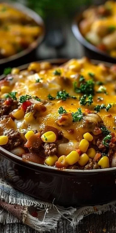 Delicious Cowboy Casserole with layers of beef, beans, and cheese