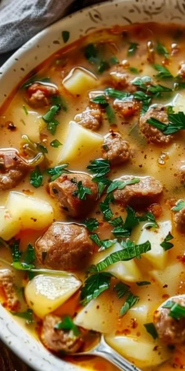 A bowl of cozy Italian sausage and potato soup garnished with herbs.