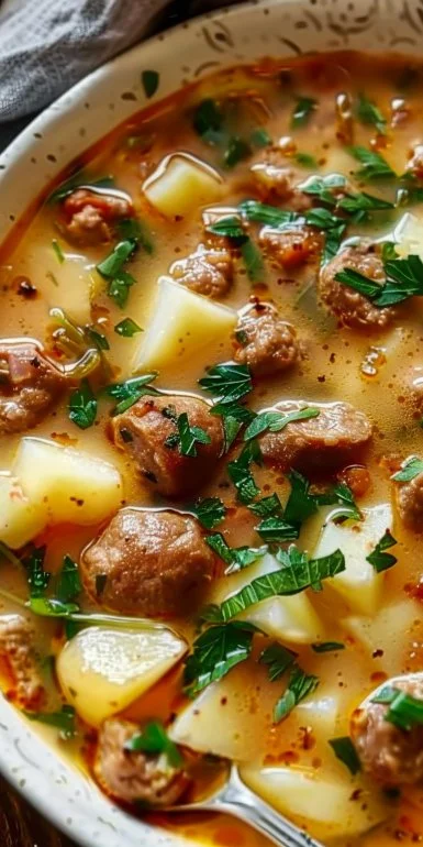 A bowl of cozy Italian sausage and potato soup garnished with herbs.