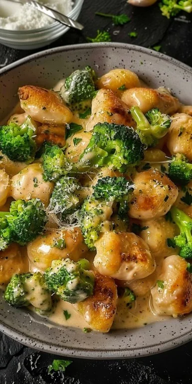 Creamy chicken and broccoli gnocchi served in a bowl, garnished with herbs.