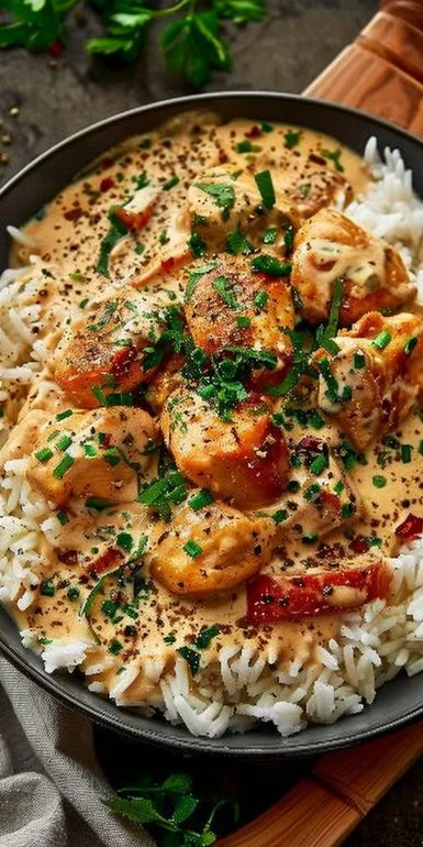 Creamy chicken and rice dish garnished with fresh parsley