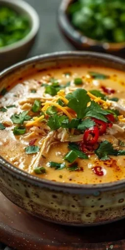 Bowl of creamy chicken enchilada soup topped with cheese and cilantro