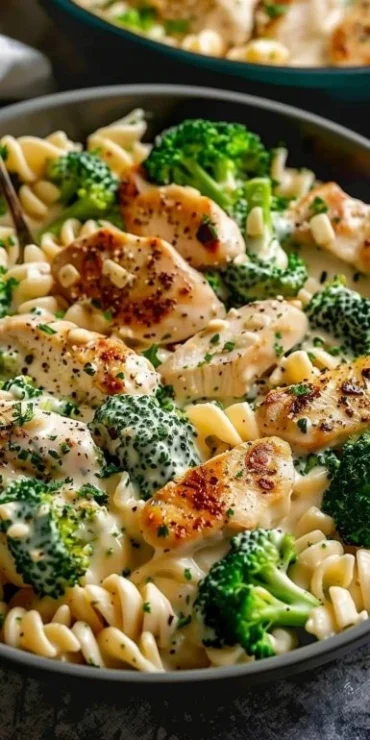 Creamy rotisserie chicken broccoli pasta dish served in a bowl