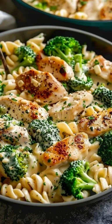 Creamy Rotisserie Chicken Broccoli Pasta 4 Creamy rotisserie chicken broccoli pasta dish served in a bowl