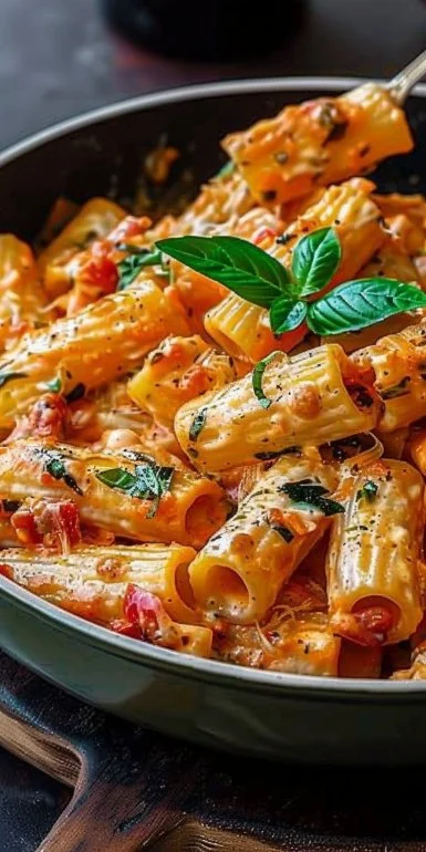 Delicious creamy tomato garlic pasta served in a bowl, garnished with parsley.