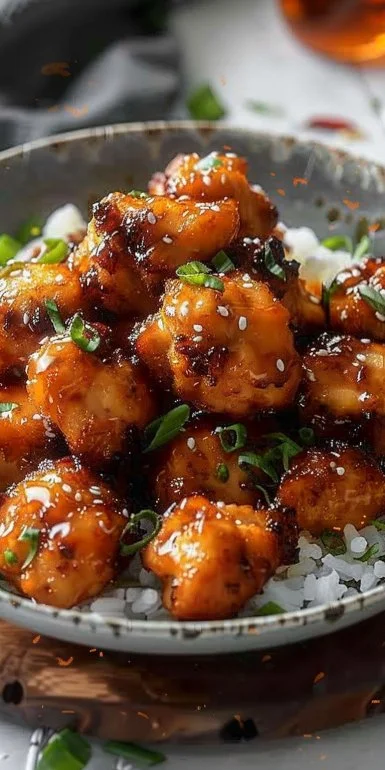 Crispy honey garlic chicken bites served on a plate with dipping sauce.