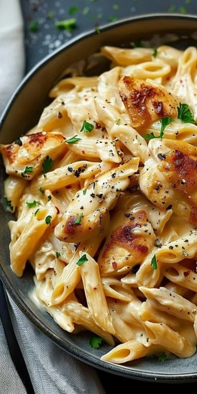 Crock Pot Creamy Cajun Chicken Pasta served in a bowl with fresh herbs.