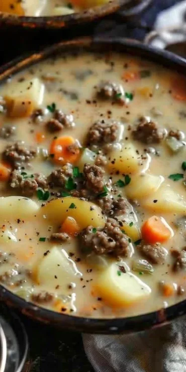 Bowl of creamy potato hamburger soup made in a crockpot