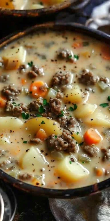 Bowl of creamy potato hamburger soup made in a crockpot