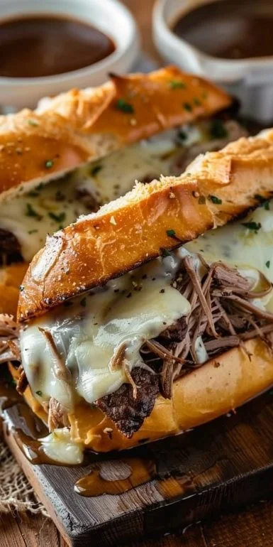 Crockpot French dip sandwiches served on a plate with au jus.