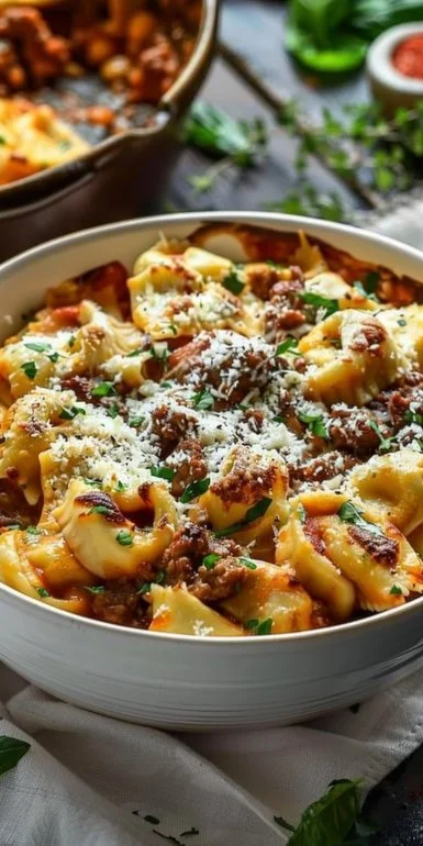 Easy baked tortellini casserole with beef and cheese in a baking dish