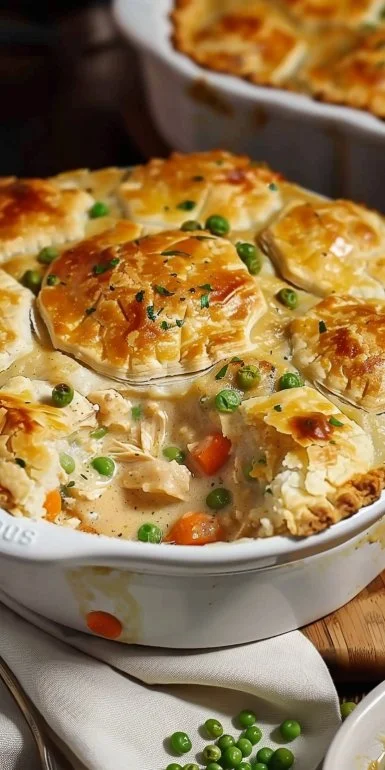 Easy chicken pot pie casserole served in a baking dish with flaky crust