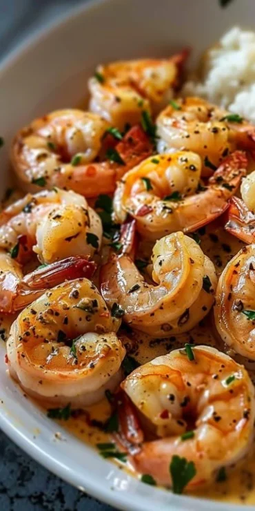 Easy Creamy Garlic Shrimp 10 Plate of easy creamy garlic shrimp garnished with herbs