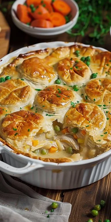 Delicious homemade chicken pot pie casserole with flaky crust and hearty filling