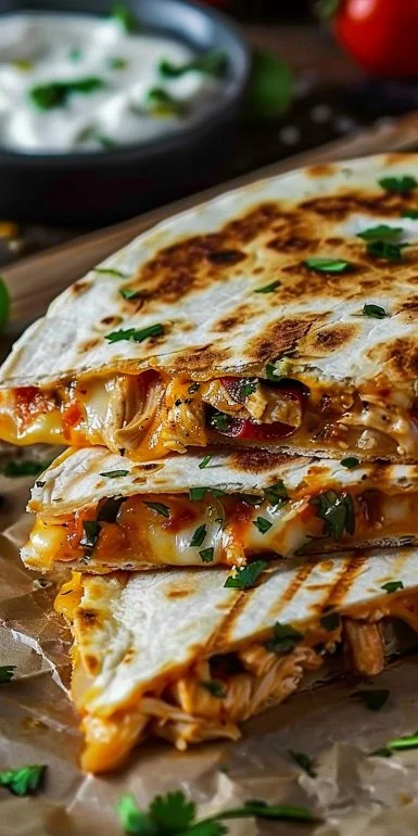 Delicious chicken quesadilla sliced and ready to serve, topped with fresh ingredients.