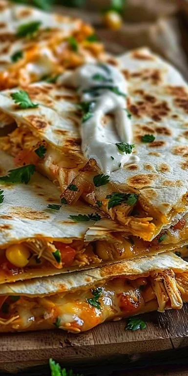 Delicious chicken quesadilla with melted cheese and toppings on a plate