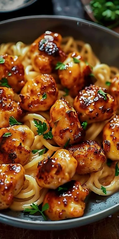 Garlic Butter Chicken Bites with Savory Creamy Parmesan Pasta