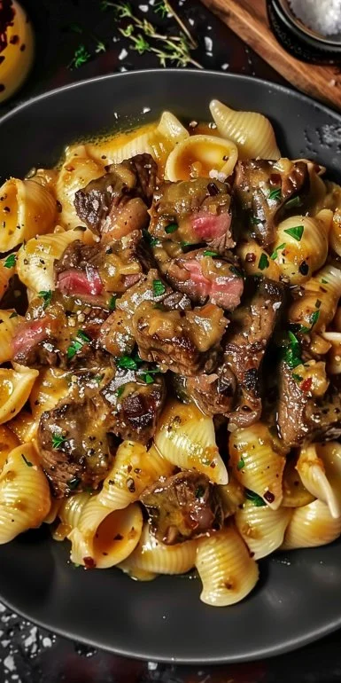 Delicious Garlic Butter Steak Bites served with creamy Parmesan pasta.