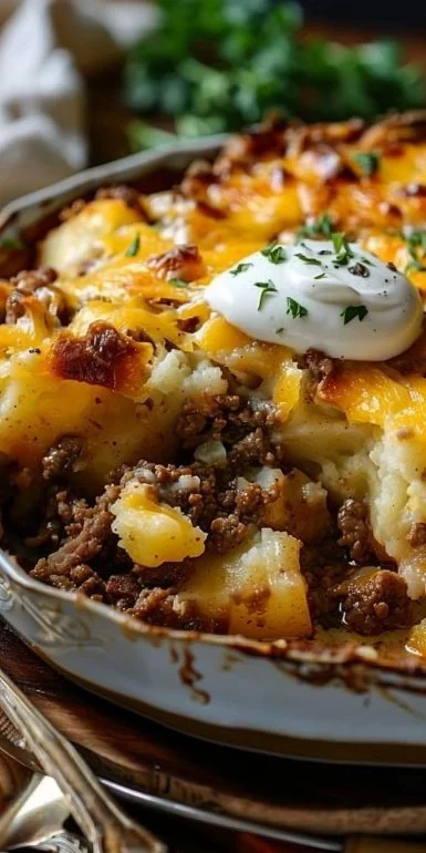 Ground beef and potatoes casserole served in a dish