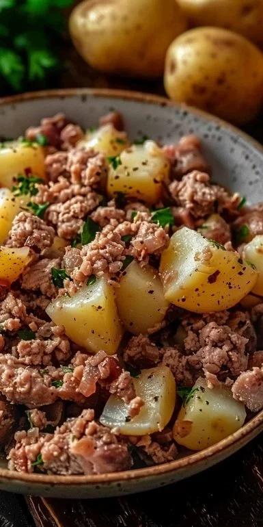 Savory ground turkey with roasted potatoes dish served on a plate.