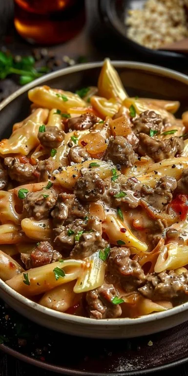 High protein creamy beef pasta dish served in a bowl with herbs and cheese