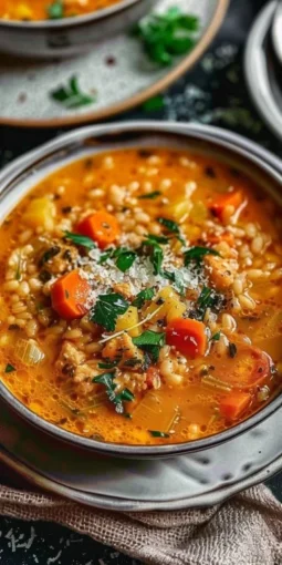 A bowl of Italian Penicillin Soup garnished with herbs and spices.