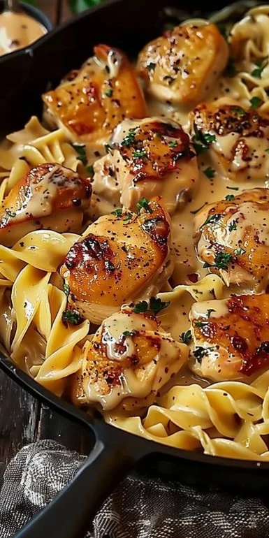 One-Pan Chicken with Buttered Noodles dish served elegantly on a plate.