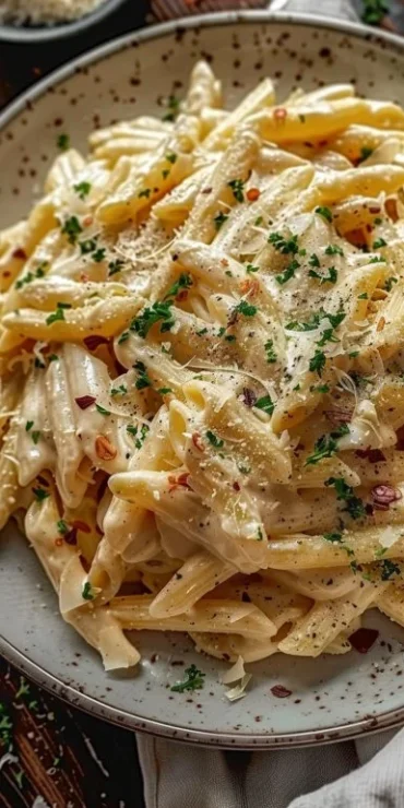 One Pot Creamy Garlic Pasta served in a bowl with fresh herbs