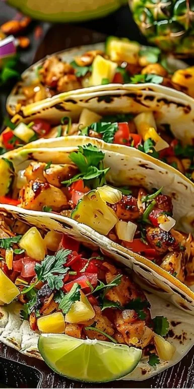 Delicious Pineapple Chicken Tacos served with fresh toppings
