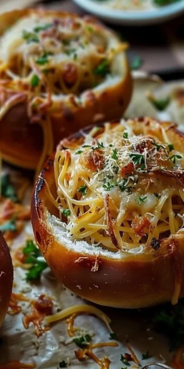 Spaghetti garlic bread bowls served with herbs and cheese
