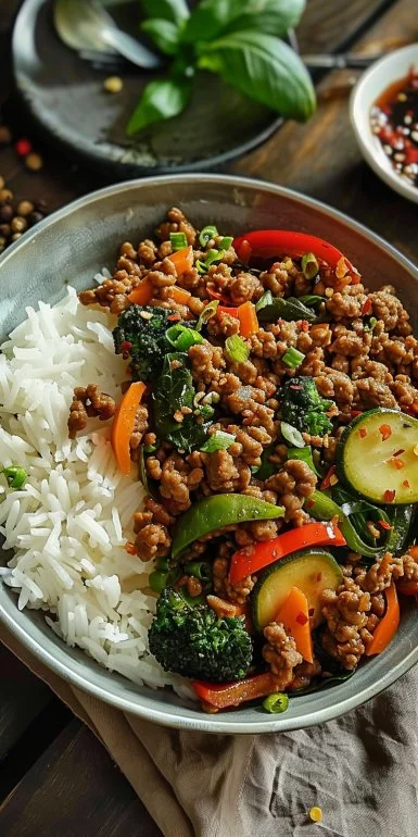 Spicy Ground Beef Stir-Fry Bowl with Garlic Veggies & Steamy Rice