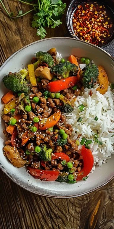 Spicy Ground Beef Stir-Fry Bowl with Garlic Veggies & Steamy Rice