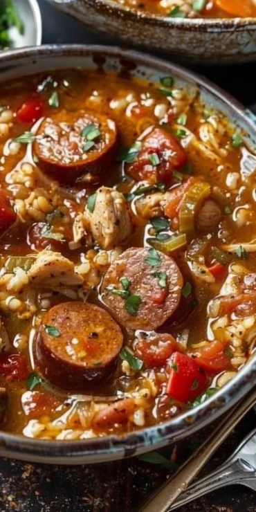 Bowl of spicy jambalaya soup with andouille sausage and chicken