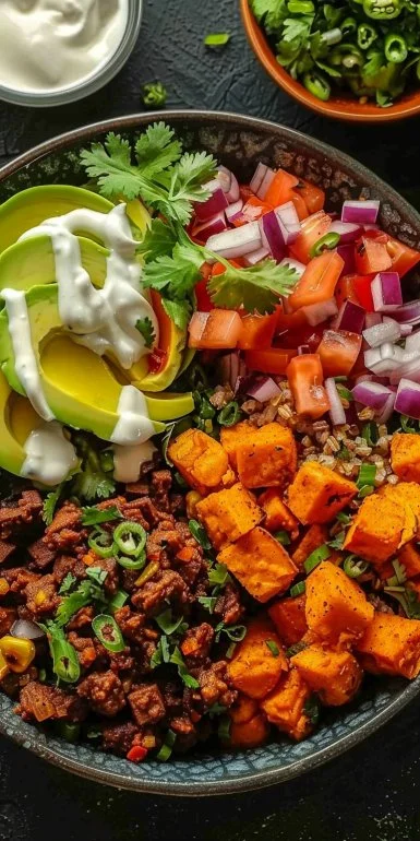 Delicious and colorful sweet potato taco bowl filled with fresh toppings